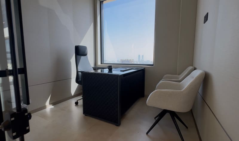 Office with a desk and guest chairs — The Apex, 13th floor