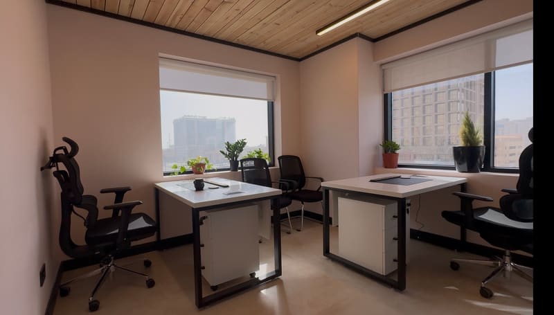 Office with two desks under a timber ceiling — The Collective, 2nd floor